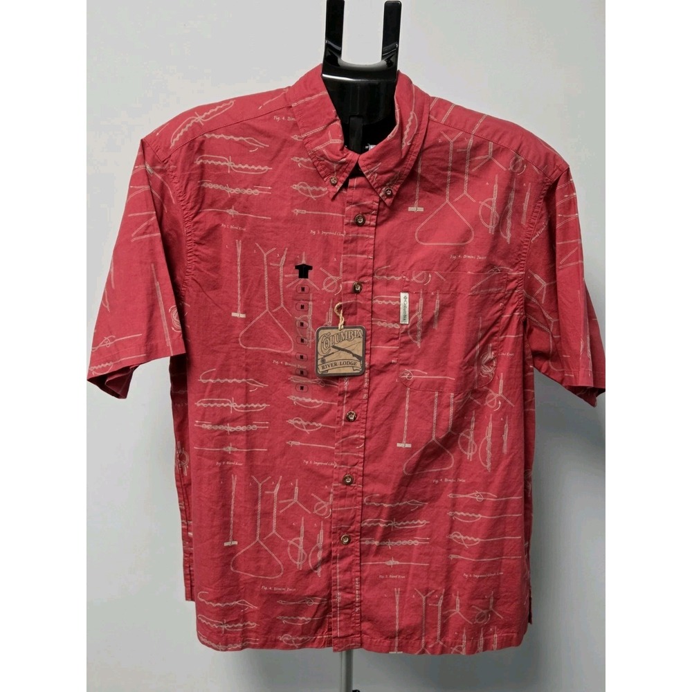 NWT Columbia SS Shirt Vintage River Lodge Red Knots Print Outdoor Boating Mens M